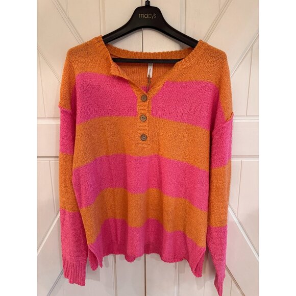 NWT Wishlist Knit Striped Quarter Button Sweater Pink Orange Womens Size XL - Picture 2 of 9
